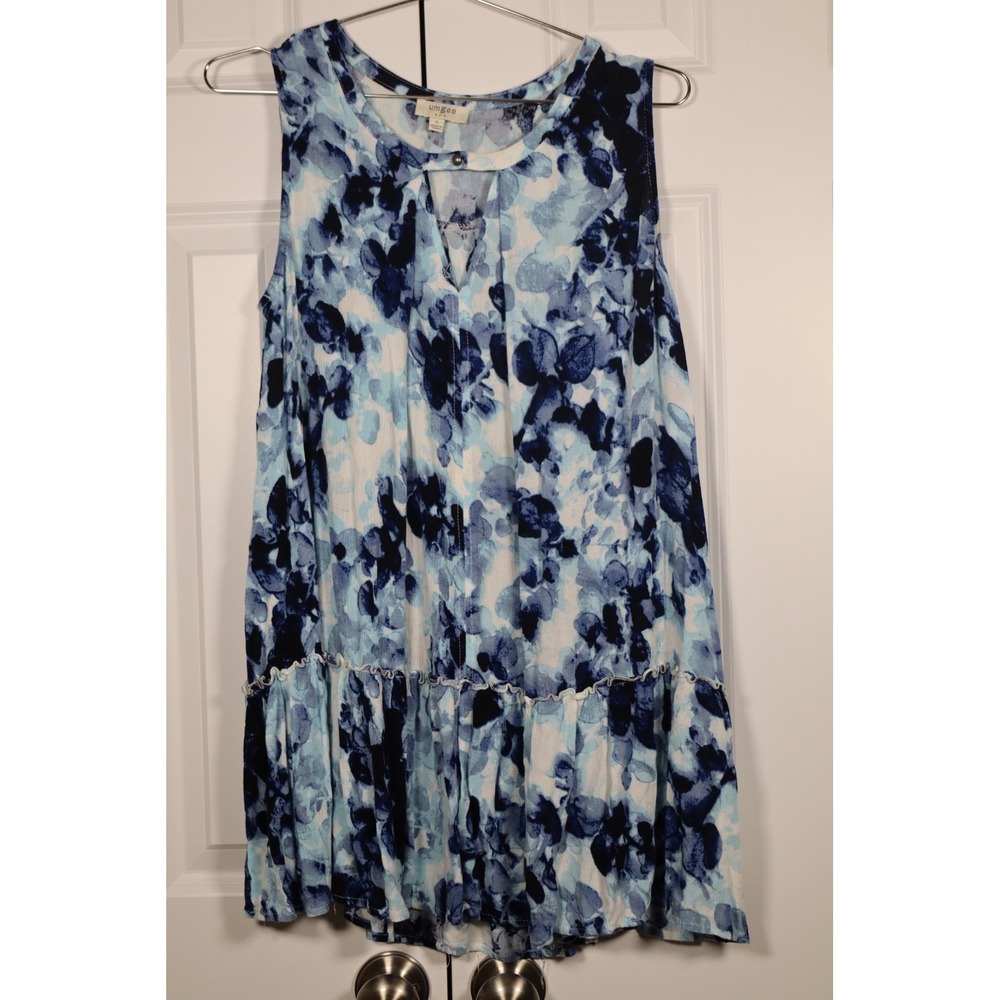 Umgee Blue White Floral Watercolor Sleeveless Tiered Ruffle Tunic Top size Small